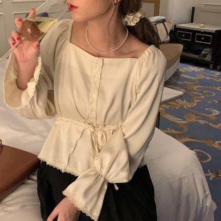 Long-sleeve Drawstring-waist Lace Trim Blouse