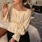 Long-sleeve Drawstring-waist Lace Trim Blouse