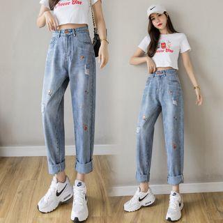 High Waist Embroidered Tapered Jeans