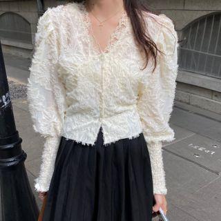 Lantern-sleeve V-neck Lace Blouse Almond - One Size