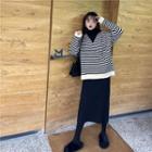 Striped Sweater / Turtleneck Long-sleeve Top / Midi A-line Skirt