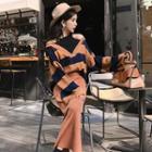 Set:color-block Striped Off-shoulder Long-sleeve Sweater + Plain Skirt