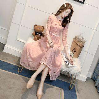 3/4-sleeve Tie-neck Midi Lace Dress