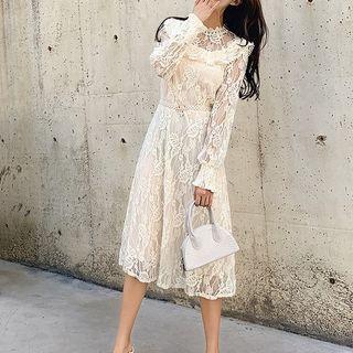 Long-sleeve Ruffled Lace Midi A-line Dress