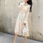 Long-sleeve Ruffled Lace Midi A-line Dress