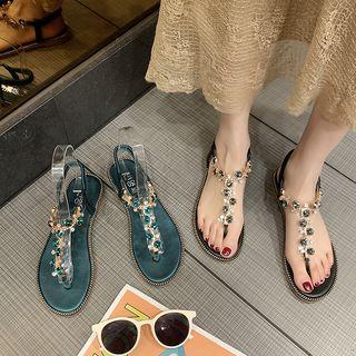 Rhinestone Accent T-strap Flat Sandals