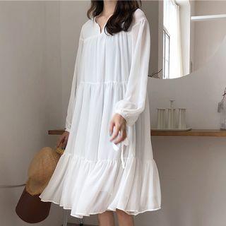 Long-sleeve Ruffle-hem Chiffon Midi Dress
