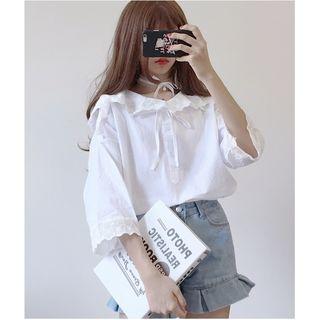 3/4-sleeve Ruffle-trim Blouse White - One Size