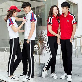 Couple Matching Set: Short-sleeve Contrast-trim T-shirt + Sweatpants
