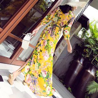 Flower Print 3/4-sleeve Maxi Wrap Dress