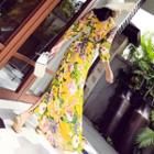 Flower Print 3/4-sleeve Maxi Wrap Dress