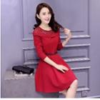 Long-sleeve Lace-panel Belted Dress