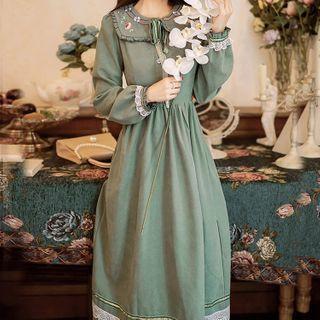 Long-sleeve Floral Embroidery Half-button Midi Dress