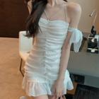 Cold-shoulder Shirred Mesh Mini A-line Dress