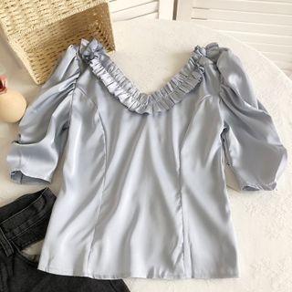 Elbow-sleeve V-neck Frill Trim Blouse