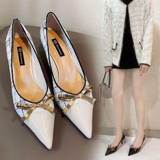 Bow Pointed Faux Leather Kitten Heel Pumps