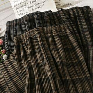 Plaid Corduroy Pleated Midi Skirt
