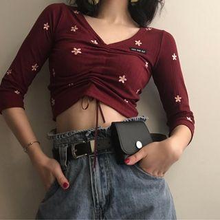 3/4-sleeve Flower Embroidered Drawstring T-shirt