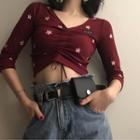 3/4-sleeve Flower Embroidered Drawstring T-shirt