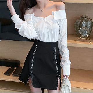 Set: Cold-shoulder Blouse + Zip Detail Mini A-line Skirt