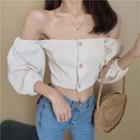 3/4-sleeve Buttoned Cropped Knit Top Almond - One Size
