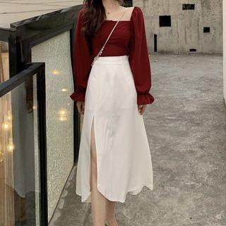 Long-sleeve Square-neck Top / Slit Midi A-line Skirt