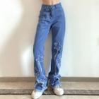 Star Patterned Fluffy-trim Straight Leg Jeans