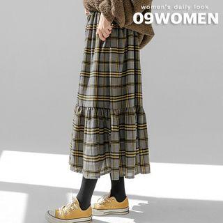 Frill-hem Long Plaid Skirt