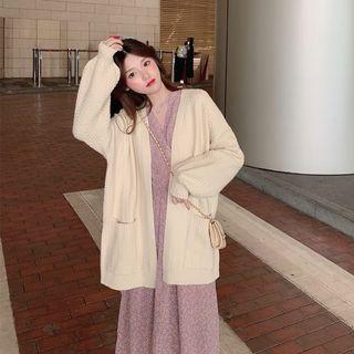 Long-sleeve Cable Knit Cardigan / Long-sleeve Floral Dress
