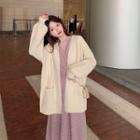 Long-sleeve Cable Knit Cardigan / Long-sleeve Floral Dress