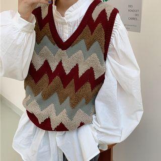 Long-sleeve Crinkled Blouse / Argyle Knit Vest