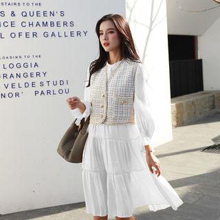 Long-sleeve Midi A-line Dress / Plaid Vest / Set