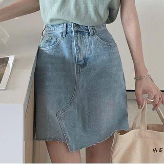 High-waist Frayed Loose Fit A-line Asymmetric Skirt