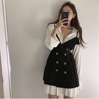 Set: Long-sleeve Mini Shirtdress + Pinafore Dress