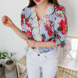 V-neck Lace-trim Pattern Top