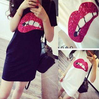 Short-sleeve Sequined Lip Mini Dress