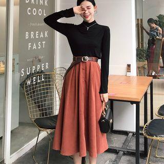 Long-sleeve Mock Neck T-shirt / A-line Skirt With Belt