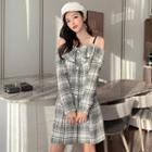 Cold-shoulder Plaid Ruffled A-line Dress