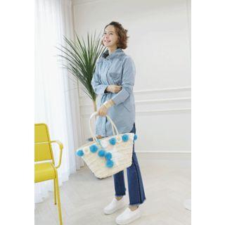 Pompom-detail Straw Shoulder Bag