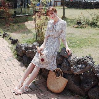 Tie-neck Pleated-hem Floral Print Dress