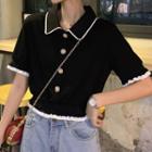 Contrast Trim Collared Short-sleeve Button Knit Cropped Top Black - One Size