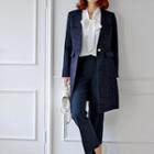 Lapelless One-button Tweed Coat Navy Blue - One Size