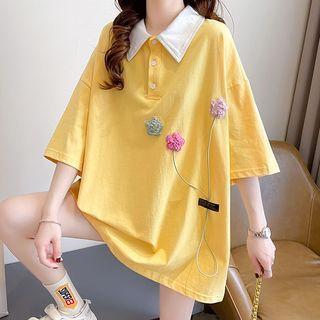 Elbow-sleeve Flower Accent Polo Shirt