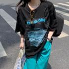 Short Sleeve Print Oversized Tee Black - One Size