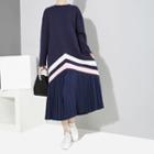 Pleated Hem Long-sleeve Midi Dress Blue - One Size