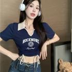 Short-sleeve Polo-neck Printed Cropped Top