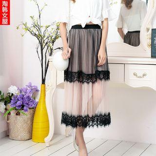 Color Panel Lace Trim Midi Tulle Skirt