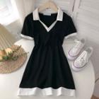 Lapel Short-sleeve Dress Black - One Size