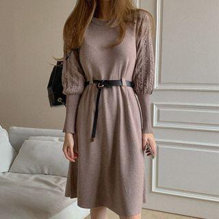 Mutton-sleeve Knit Dress With Belt