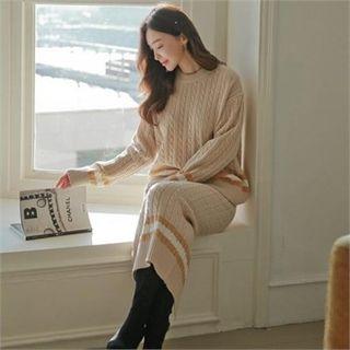 Set: Contrast-trim Cable-knit Top + Knit Skirt